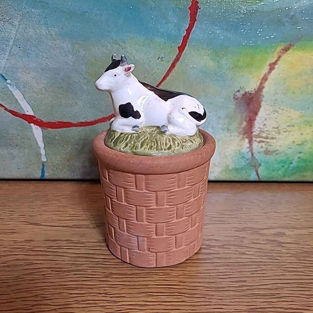 Vtg Takahashi Sugar Jam Jar Trinket Dish Cow Basket Weave with Spoon Japan